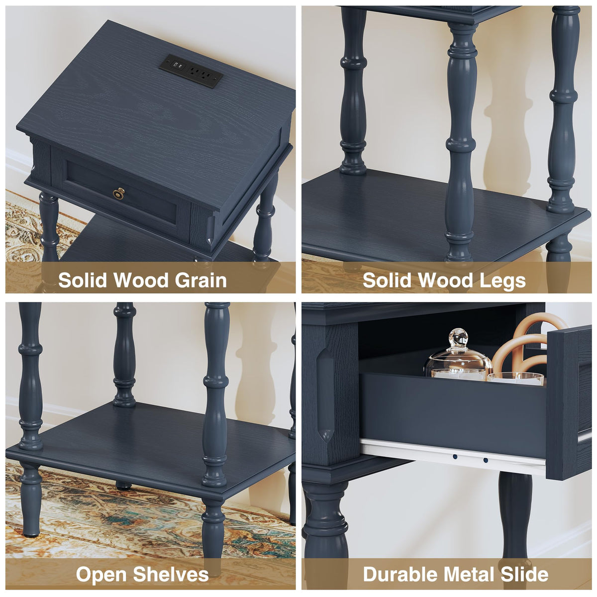 Blue Nightstands Set of 2 with Charging Station & Storage Shelf N73649