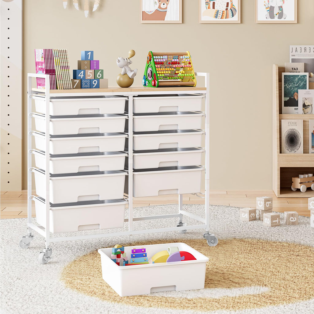 White 12 Drawers Rolling Storage Cart with Wooden Top T8792