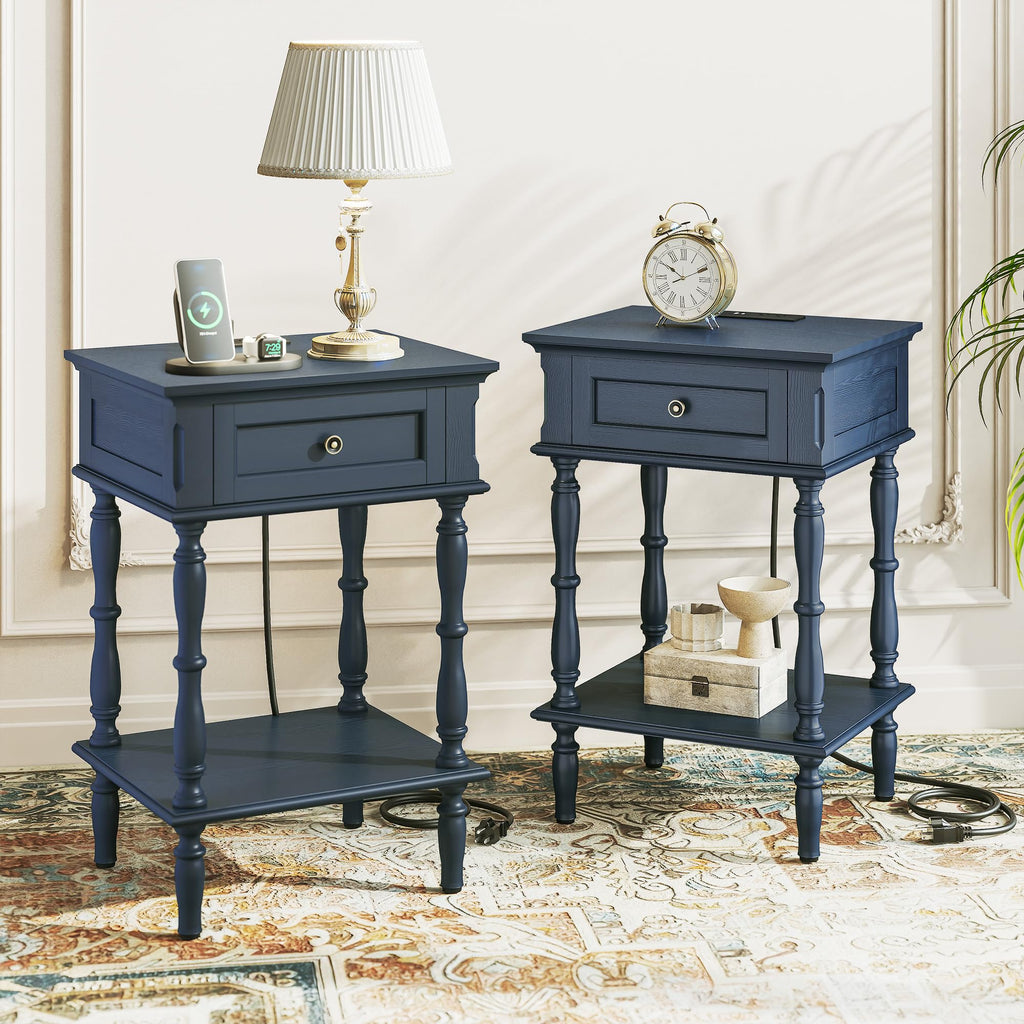 Blue Nightstands Set of 2 with Charging Station & Storage Shelf N73649