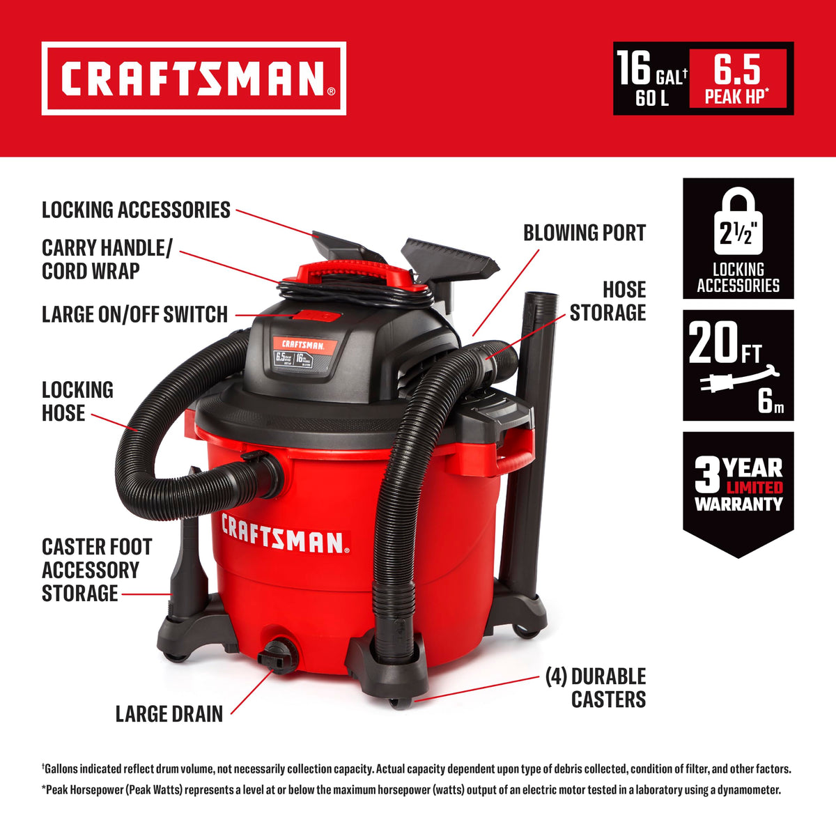 16 Gallon 6.5 Peak HP Wet Dry Shop Vacuum A8463