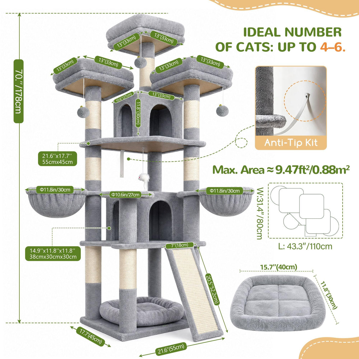 70 Inch Light Grey Cat Tree with Scratching Post U98382