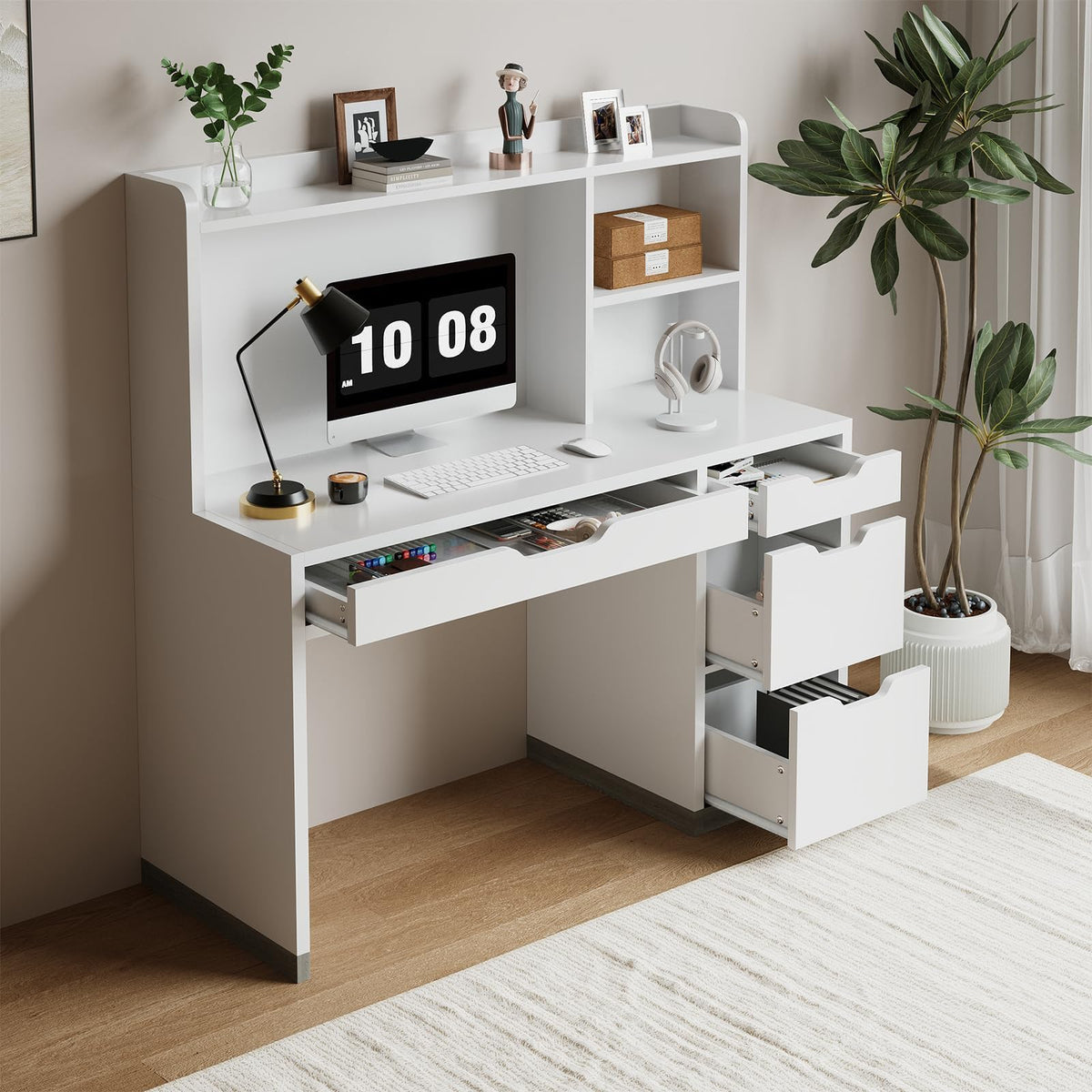 White Desk with Hutch and 4 Drawers I1526