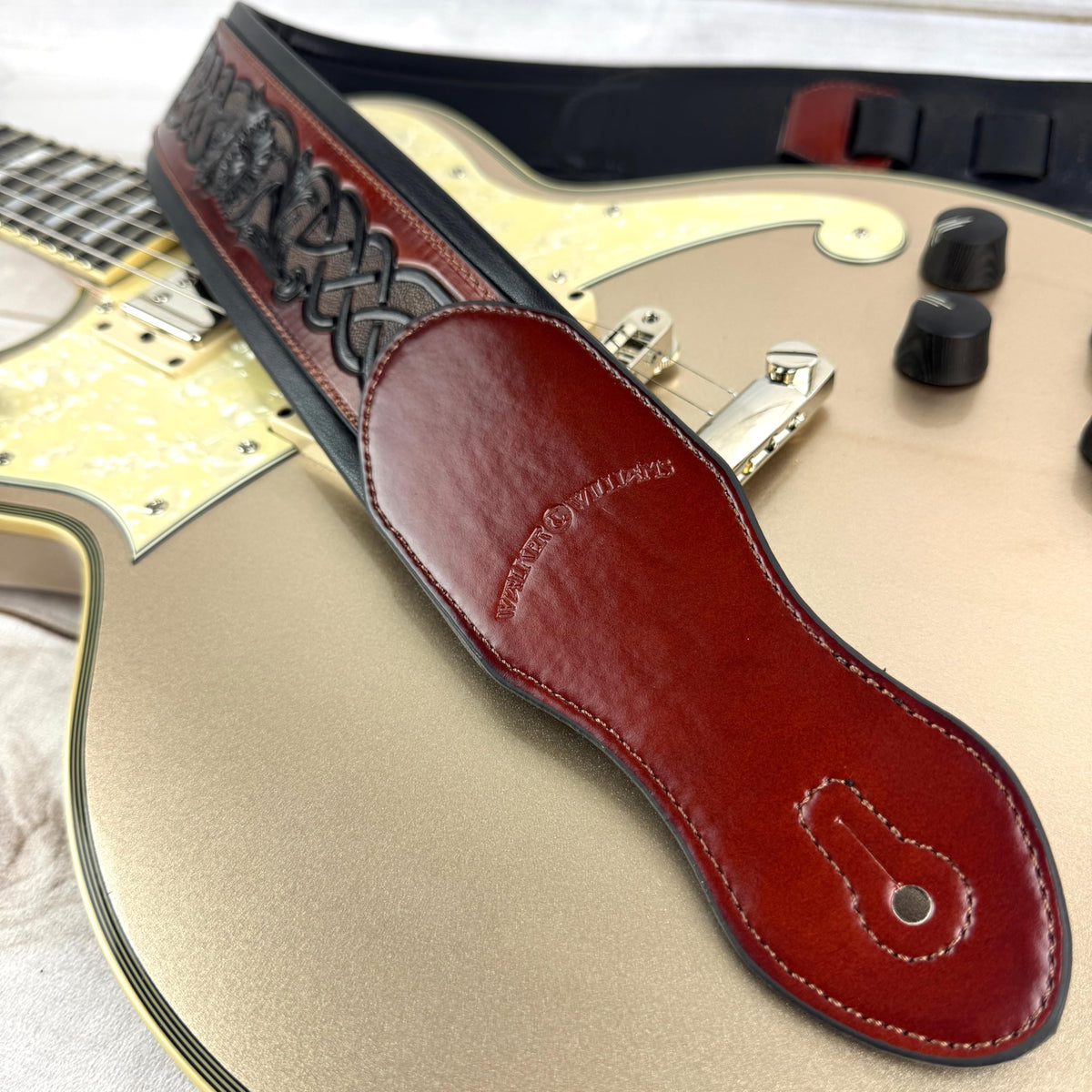 Whiskey Tan and Brown Full Grain Carving Leather Padded Guitar Strap D949