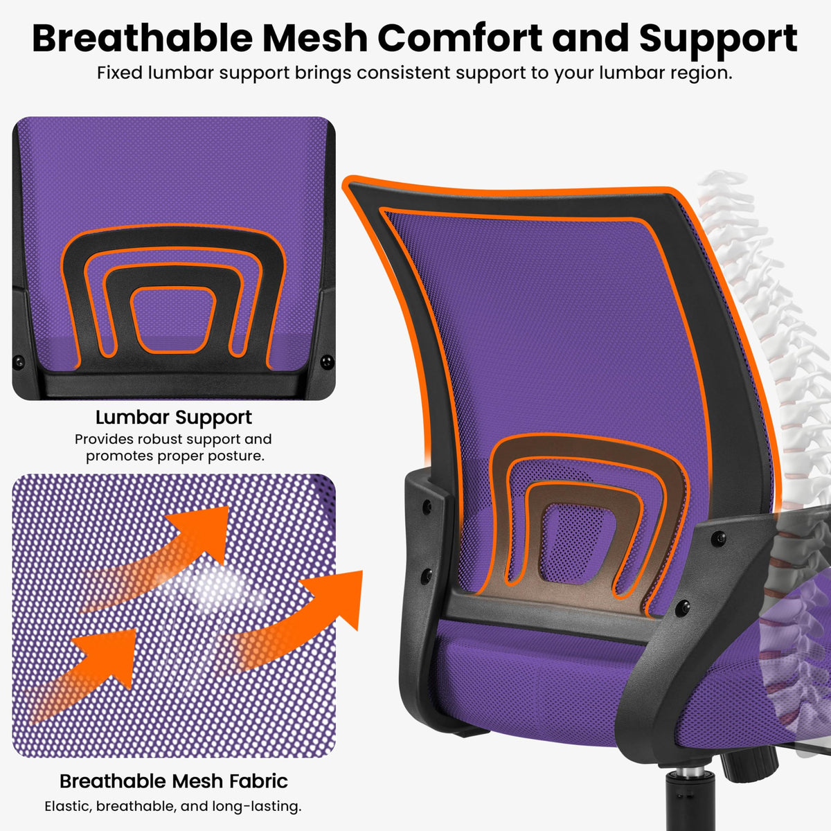 Purple Mesh Office Chairs with Lumbar Support, Set of 2 Y5535