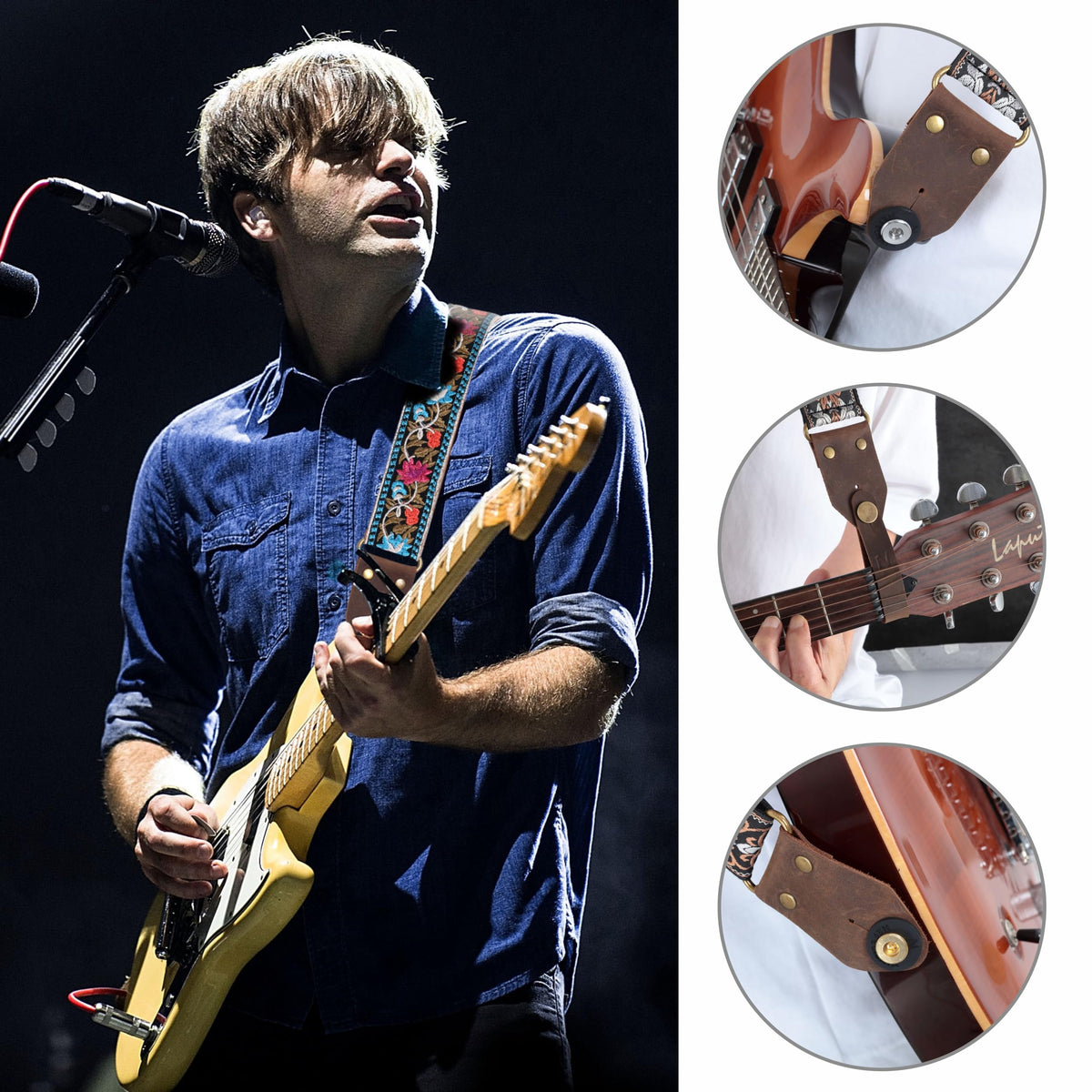 Jacquard Embroidery Cotton Guitar Strap with Leather Ends E503