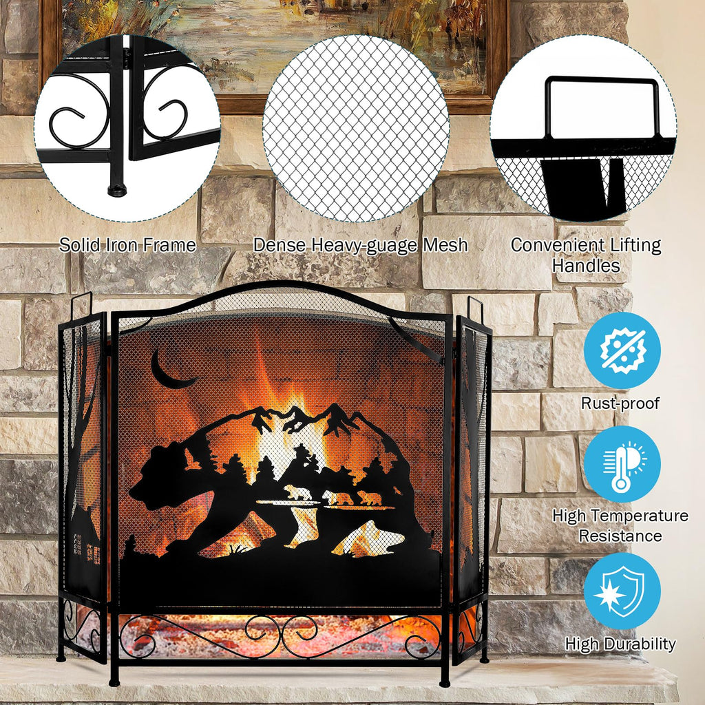 3-Panel Folding Metal Fireplace Screen Black R7809