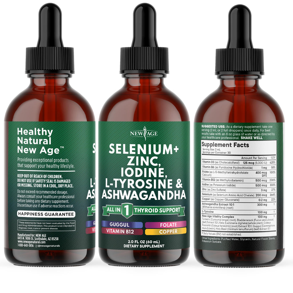 Thyroid Support Drops - Selenium, Zinc, Iodine, L Tyrosine, Ashwagandha, Turmeric, Schisandra Guggu, Cayenne, Basil - Liquid Supplement Folate Copper Alcohol -Free, Vegan, Non-GMO – 4 oz N7130