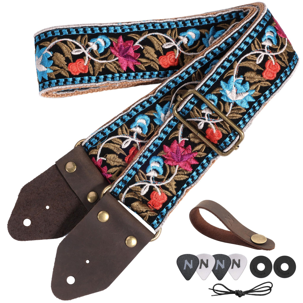 Jacquard Embroidery Cotton Guitar Strap with Leather Ends E503