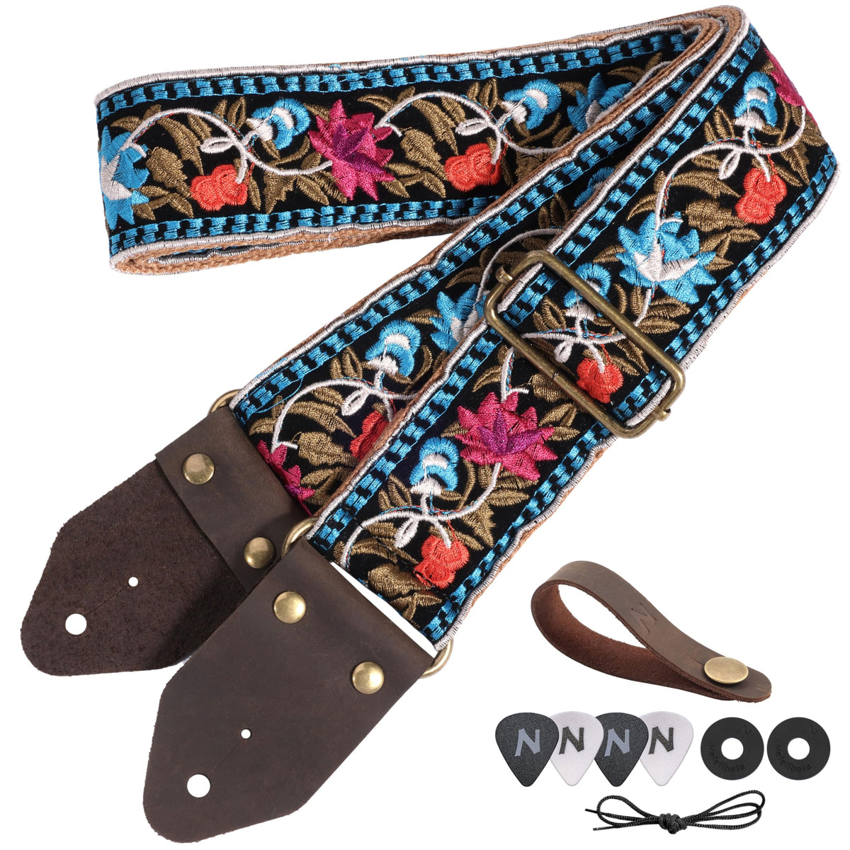 Jacquard Embroidery Cotton Guitar Strap with Leather Ends E503