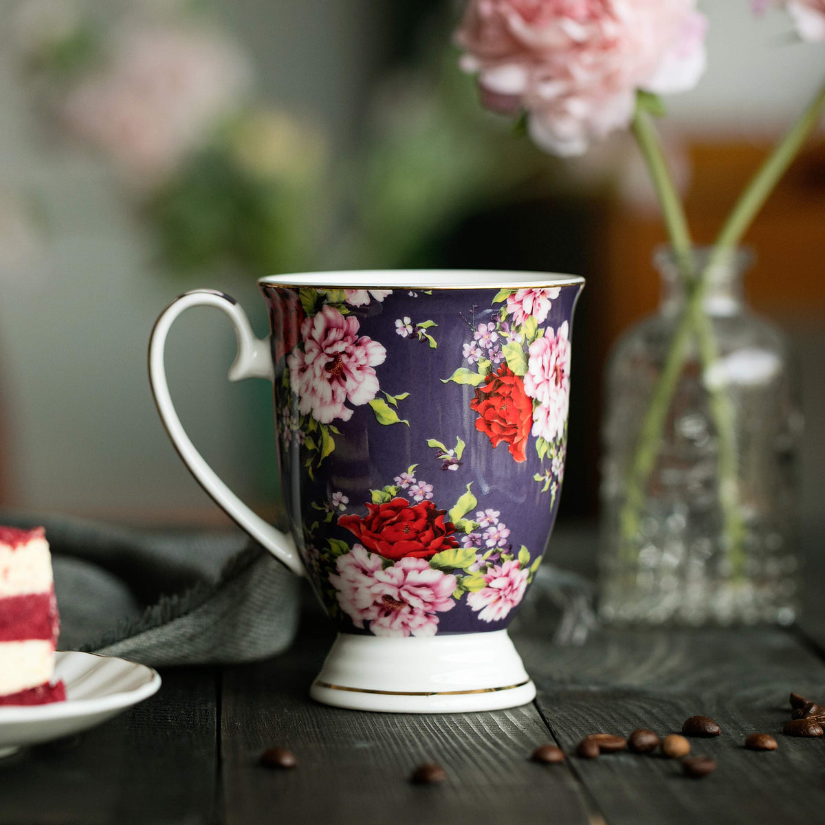 12 oz Set of 6 Floral Porcelain Coffee Mugs J540