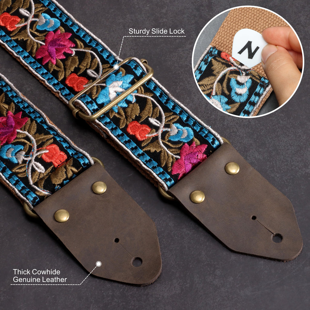 Jacquard Embroidery Cotton Guitar Strap with Leather Ends E503