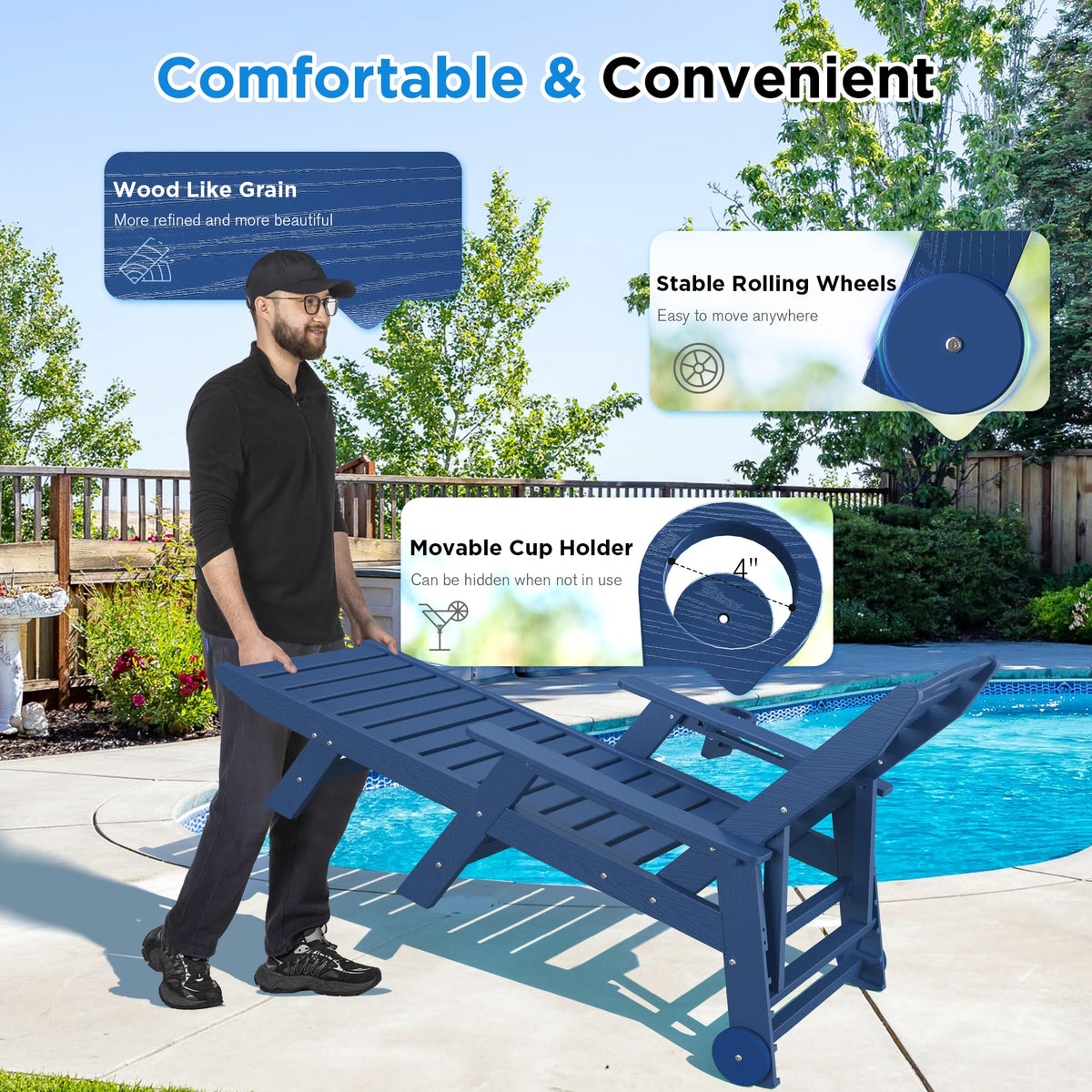 Set of 2 Outdoor Chaise Lounge Chairs with Wheels & Cup Holder M8456