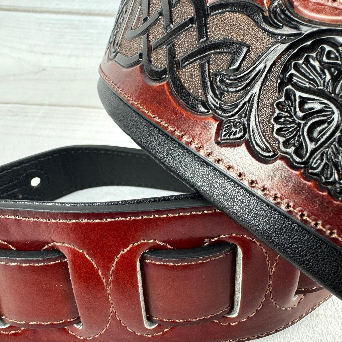Whiskey Tan and Brown Full Grain Carving Leather Padded Guitar Strap D949