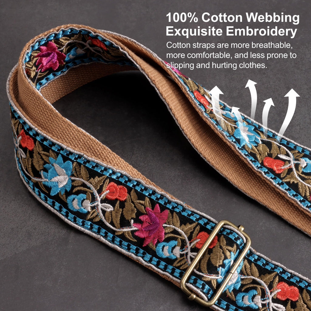Jacquard Embroidery Cotton Guitar Strap with Leather Ends E503
