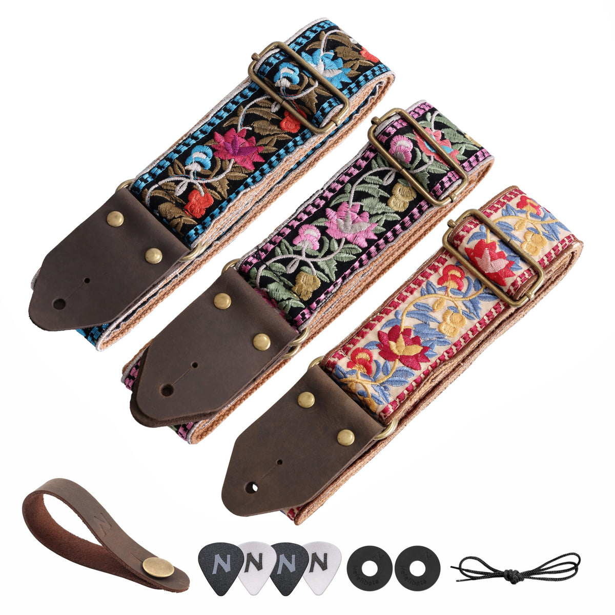 Jacquard Embroidery Cotton Guitar Strap with Leather Ends E503