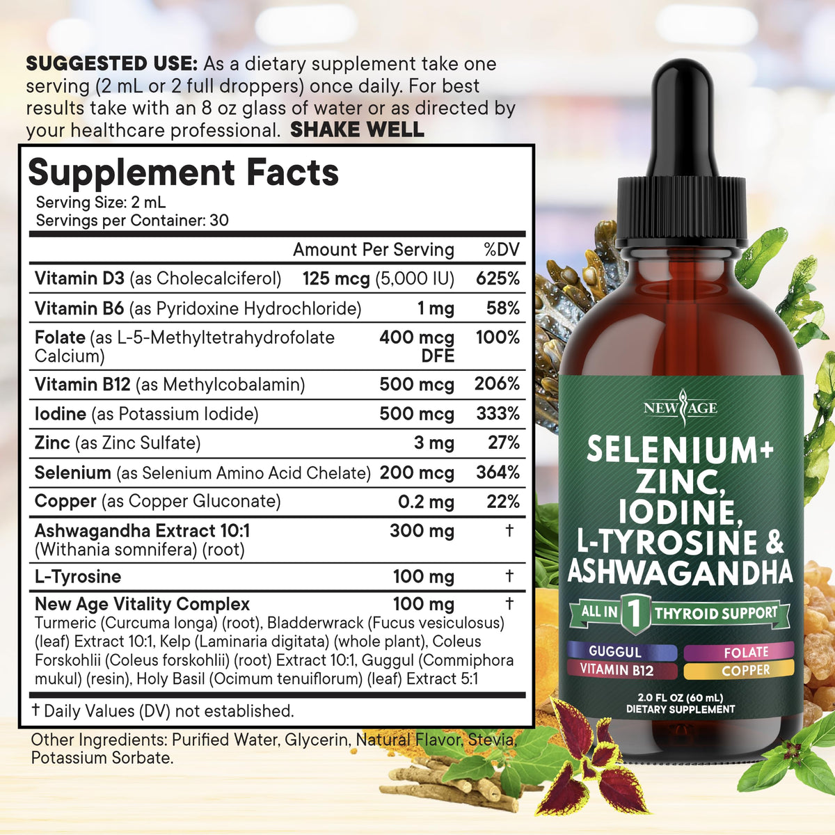 Thyroid Support Drops - Selenium, Zinc, Iodine, L Tyrosine, Ashwagandha, Turmeric, Schisandra Guggu, Cayenne, Basil - Liquid Supplement Folate Copper Alcohol -Free, Vegan, Non-GMO – 4 oz N7130
